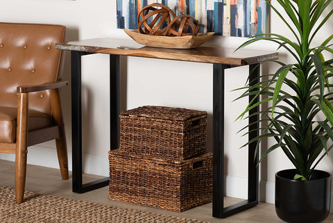 bali & pari Apio Wood Epoxy Resin Console Table with Glass Inlay - Rectangular Live Edge Teak Wood Accent Table with Black Metal Base, Modern Rustic Furniture for Living Room or Entryway