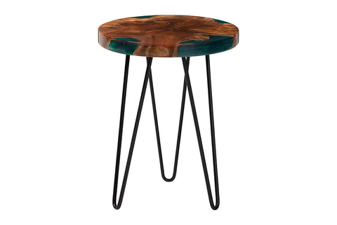 bali & pari Anan Teak Wood Epoxy Resin End Table - Round Live Edge Side Table with Black Metal Legs, Handcrafted Modern Rustic Accent Table for Living Room or Bedroom, Round