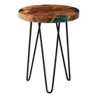 bali & pari Anan Teak Wood Epoxy Resin End Table - Round Live Edge Side Table with Black Metal Legs, Handcrafted Modern Rustic Accent Table for Living Room or Bedroom, Round