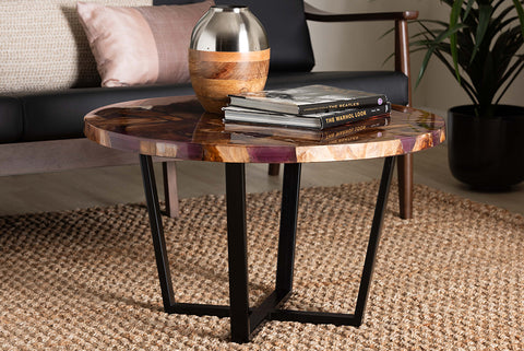 bali & pari Apio Round Wood Epoxy Resin Coffee Table - Handcrafted Live Edge Teak Wood Accent Table with Black Metal Base, Modern Rustic Centerpiece