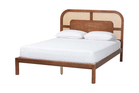 Baxton Studio Raewyn Wood Platform Bed -  Low Profile Bed Frame with Decorative Rattan Weave Inlay and Rounded Headboard, Queen