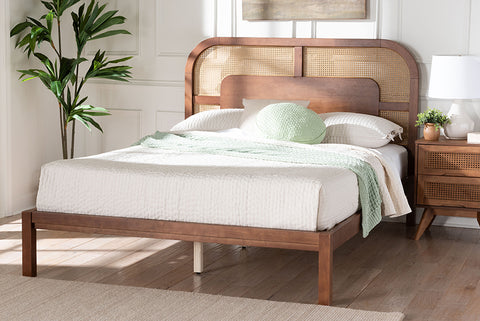 Baxton Studio Raewyn Wood Platform Bed -  Low Profile Bed Frame with Decorative Rattan Weave Inlay and Rounded Headboard, Queen