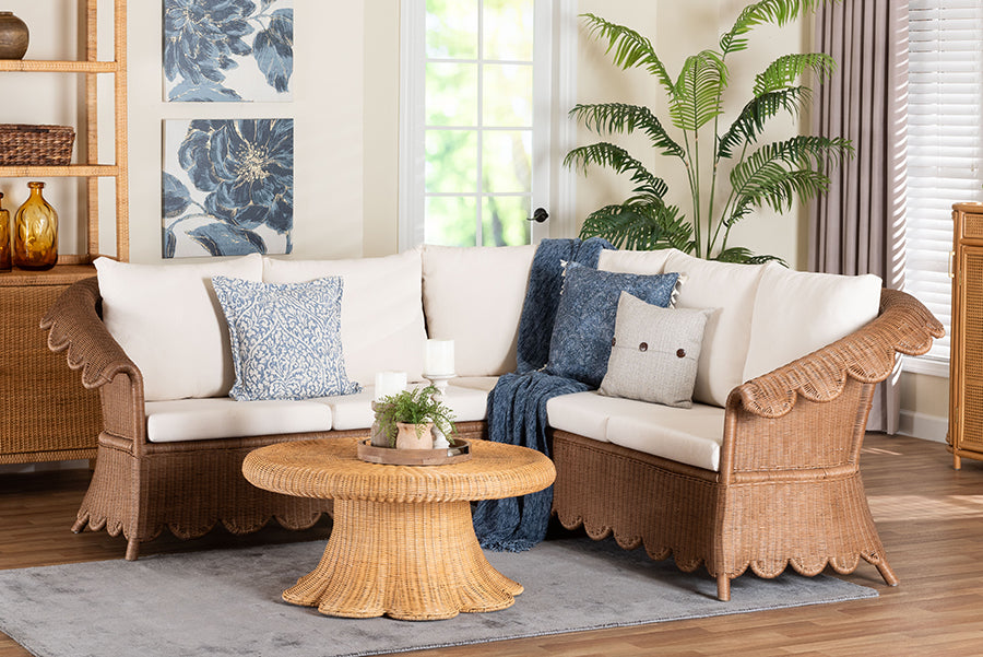 bali & pari Detta Natural Rattan 3-Piece Sectional Set - Handwoven Wicker Corner Lounge Seating with Scalloped Skirt Base and Rolled Arms, Boho Coastal Style for Sunroom or Living Room