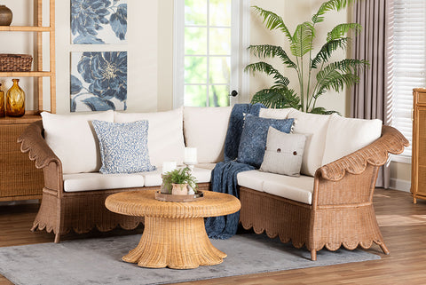 bali & pari Detta Natural Rattan 3-Piece Sectional Set - Handwoven Wicker Corner Lounge Seating with Scalloped Skirt Base and Rolled Arms, Boho Coastal Style for Sunroom or Living Room