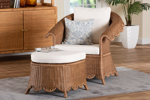 bali & pari Detta Natural Rattan Armchair and Ottoman Set - 2-Piece Handwoven Wicker Lounge Seating with Scalloped Skirt Base and Rolled Arms, Boho Coastal Style for Sunroom or Living Room