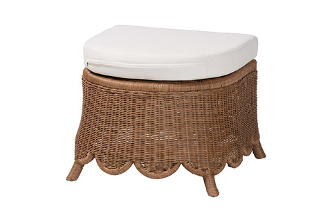 bali & pari Detta Natural Rattan Footstool with Cushion - Handwoven Wicker Ottoman with Scalloped Skirt Base for Coastal Lounge or Sunroom Seating