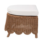 bali & pari Detta Natural Rattan Footstool with Cushion - Handwoven Wicker Ottoman with Scalloped Skirt Base for Coastal Lounge or Sunroom Seating