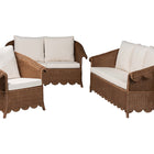 bali & pari Detta Natural Rattan 3-Piece Living Room Set - Handwoven Wicker Lounge Seating with Scalloped Skirt Base and Rolled Arms, Boho Coastal Style for Sunroom or Living Room
