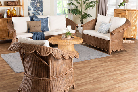 bali & pari Detta Natural Rattan 3-Piece Living Room Set - Handwoven Wicker Lounge Seating with Scalloped Skirt Base and Rolled Arms, Boho Coastal Style for Sunroom or Living Room