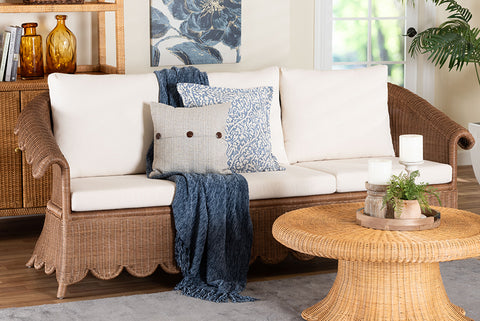 bali & pari Detta Natural Rattan Sofa with Cushion - Handwoven Wicker Settee with Rolled Arms and Scalloped Skirt Base, Boho Coastal Style for Sunroom or Lounge