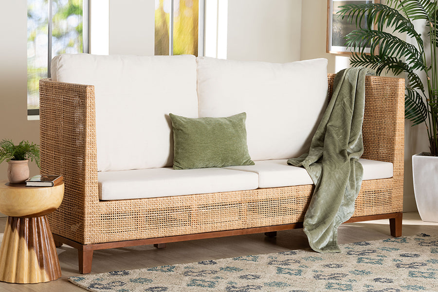 bali & pari Edda Natural Rattan Sofa with Upholstered Cushions - Coastal Style 3-Seater Couch for Living Room or Sunroom