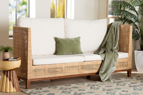 bali & pari Edda Natural Rattan Sofa with Upholstered Cushions - Coastal Style 3-Seater Couch for Living Room or Sunroom