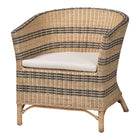 bali & pari Elda Natural Rattan Accent Chair - Wicker Barrel-Back Chair with Two-Tone Woven Stripes and Cushion, Coastal Boho Style Seating for  Living Room or Sunroom
