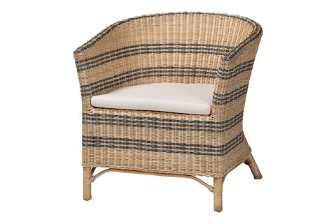 bali & pari Elda Natural Rattan Accent Chair - Wicker Barrel-Back Chair with Two-Tone Woven Stripes and Cushion, Coastal Boho Style Seating for  Living Room or Sunroom