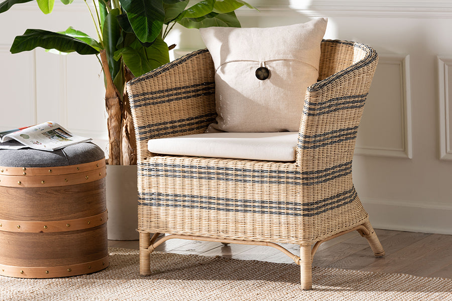 bali & pari Elda Natural Rattan Accent Chair - Wicker Barrel-Back Chair with Two-Tone Woven Stripes and Cushion, Coastal Boho Style Seating for  Living Room or Sunroom