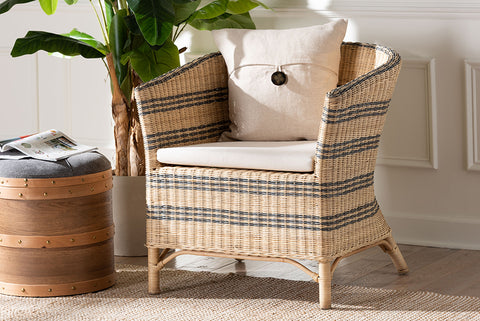 bali & pari Elda Natural Rattan Accent Chair - Wicker Barrel-Back Chair with Two-Tone Woven Stripes and Cushion, Coastal Boho Style Seating for  Living Room or Sunroom