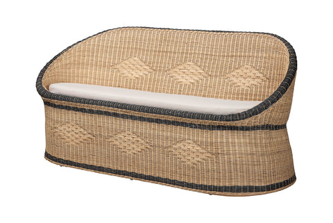 bali & pari Emiliana Natural Rattan Loveseat - Handwoven Wicker Sofa with Two-Tone Woven Detailing and Cushion, Boho Coastal Seating for Living Room or Sunroom