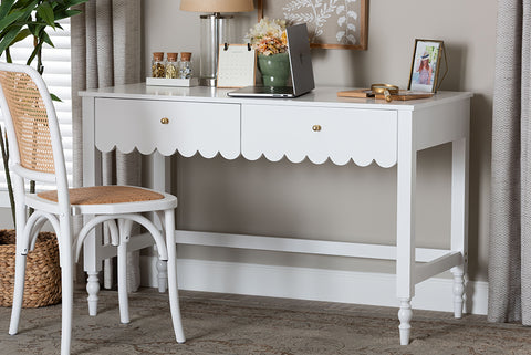 Baxton Studio Roni Writing Desk with Drawers - Modern Cottage Style Desk with Scalloped Detailing for Home Office or Vanity, White