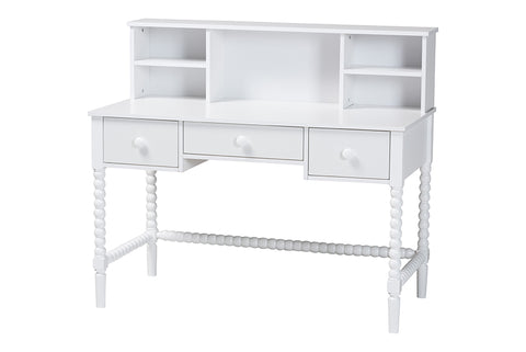 Baxton Studio Archwood Writing Desk with Hutch - 3-Drawer Wood Desk with Bobbin Design for Home Office or Bedroom Workspace, White