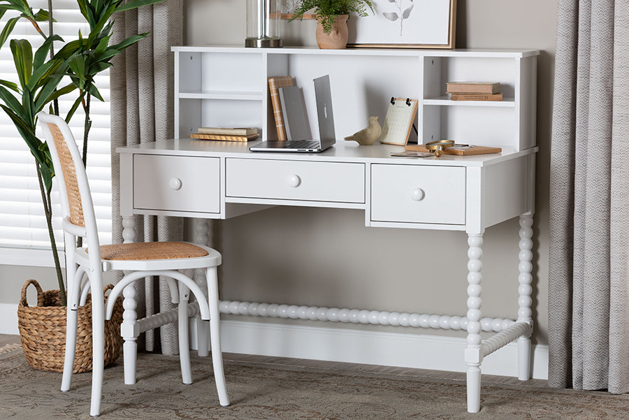 Baxton Studio Archwood Writing Desk with Hutch - 3-Drawer Wood Desk with Bobbin Design for Home Office or Bedroom Workspace, White