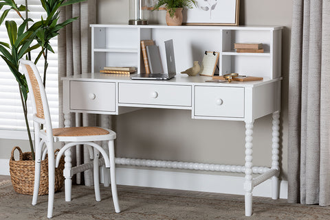 Baxton Studio Archwood Writing Desk with Hutch - 3-Drawer Wood Desk with Bobbin Design for Home Office or Bedroom Workspace, White