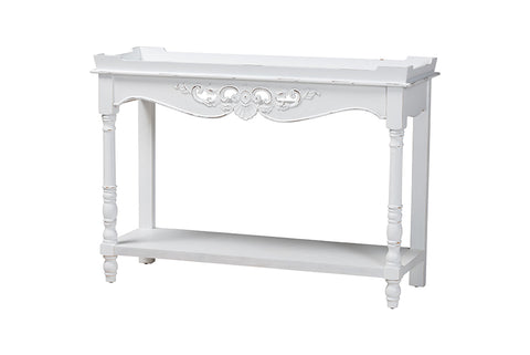 Baxton Studio Rafferty Distressed Console Table - Vintage-Inspired White Accent Table with Ornate Carved Apron and Lower Shelf, Classic Entryway or Sofa Table