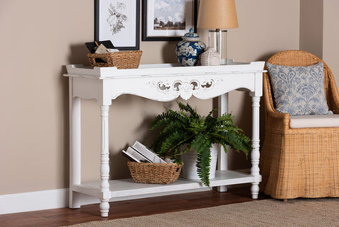 Baxton Studio Rafferty Distressed Console Table - Vintage-Inspired White Accent Table with Ornate Carved Apron and Lower Shelf, Classic Entryway or Sofa Table