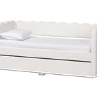 Baxton Studio Palmer Cream Teddy-Bear Fabric Daybed with Rolling Trundle - Scalloped Edge Daybed with Plush Upholstery, Modern Sofa Bed for Bedroom or Guest Room, Twin