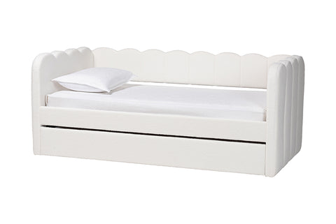 Baxton Studio Palmer Cream Teddy-Bear Fabric Daybed with Rolling Trundle - Scalloped Edge Daybed with Plush Upholstery, Modern Sofa Bed for Bedroom or Guest Room, Twin