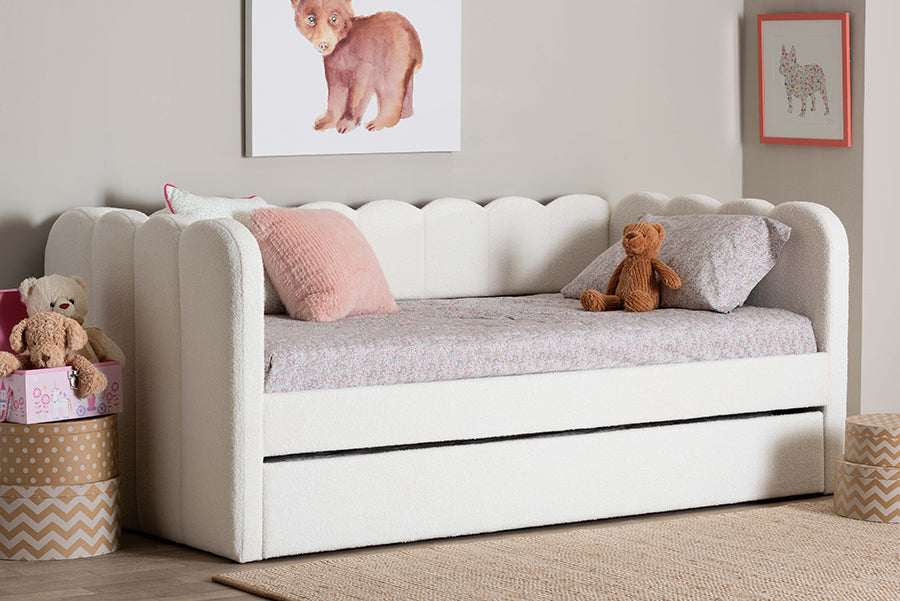 Baxton Studio Palmer Cream Teddy-Bear Fabric Daybed with Rolling Trundle - Scalloped Edge Daybed with Plush Upholstery, Modern Sofa Bed for Bedroom or Guest Room, Twin