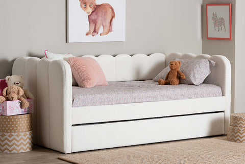 Baxton Studio Palmer Cream Teddy-Bear Fabric Daybed with Rolling Trundle - Scalloped Edge Daybed with Plush Upholstery, Modern Sofa Bed for Bedroom or Guest Room, Twin
