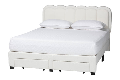 Baxton Studio Caradonna Cream Teddy-Bear Fabric Bed with Storage Drawers - Fully Upholstered Platform Bed with Scalloped Headboard, Queen