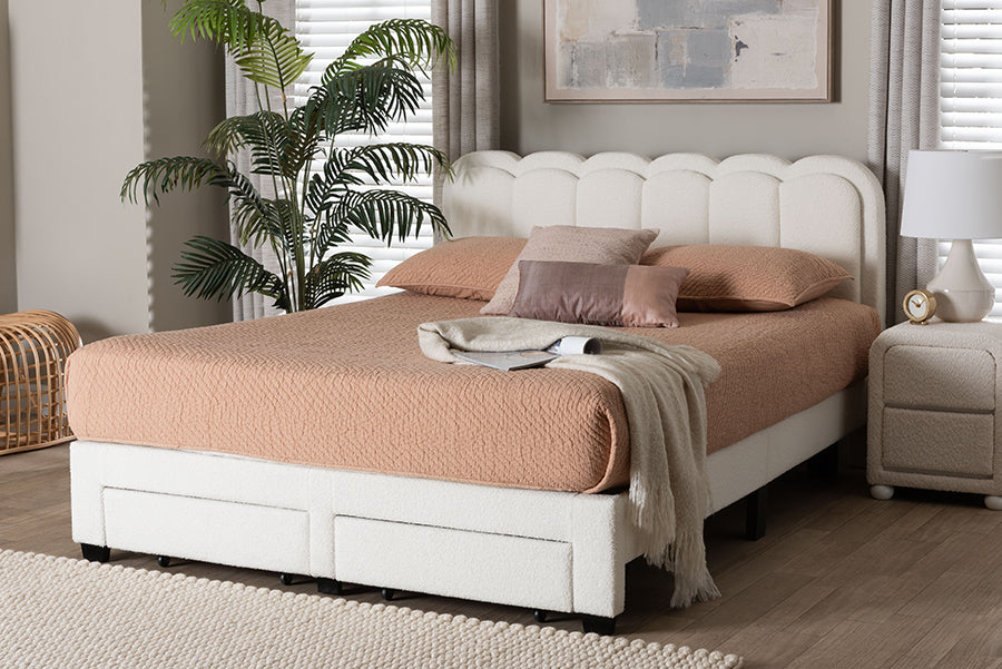 Baxton Studio Caradonna Cream Teddy-Bear Fabric Bed with Storage Drawers - Fully Upholstered Platform Bed with Scalloped Headboard, Queen