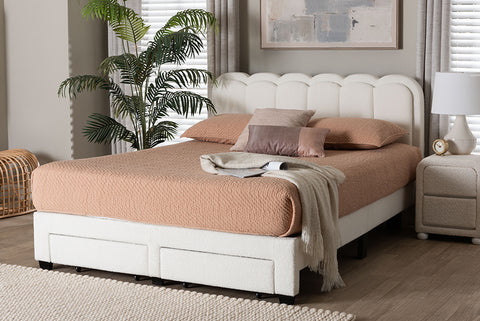 Baxton Studio Caradonna Cream Teddy-Bear Fabric Bed with Storage Drawers - Fully Upholstered Platform Bed with Scalloped Headboard, Queen