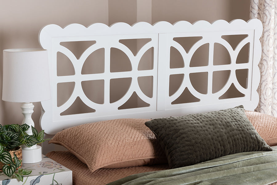 Baxton Studio Nansen Wood Headboard with Scalloped Frame - Geometric Cutout Decorative Panel for Bed Frame, Modern Coastal Bedroom Accent with Adjustable Height, Full, White