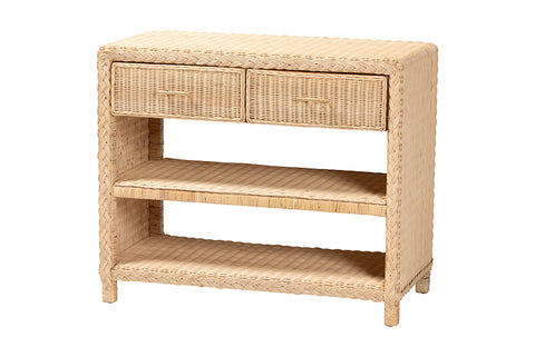 bali & pari Lanica Braided Natural Rattan Console Table with Drawers and Shelves - Coastal Style Storage Cabinet for Entryway, Living Room, or Bedroom, 35"