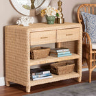 bali & pari Lanica Braided Natural Rattan Console Table with Drawers and Shelves - Coastal Style Storage Cabinet for Entryway, Living Room, or Bedroom, 35"