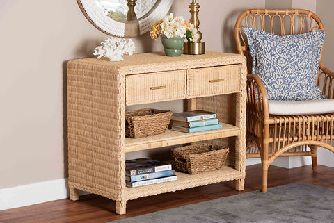 bali & pari Lanica Braided Natural Rattan Console Table with Drawers and Shelves - Coastal Style Storage Cabinet for Entryway, Living Room, or Bedroom, 35"