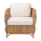 bali & pari Roma Rattan and Seagrass Armchair with Cushions - Handwoven Lounge Chair with Wide Armrests and Sculptural Base, Boho Coastal Living Room Furniture