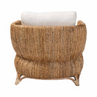 bali & pari Roma Rattan and Seagrass Armchair with Cushions - Handwoven Lounge Chair with Wide Armrests and Sculptural Base, Boho Coastal Living Room Furniture
