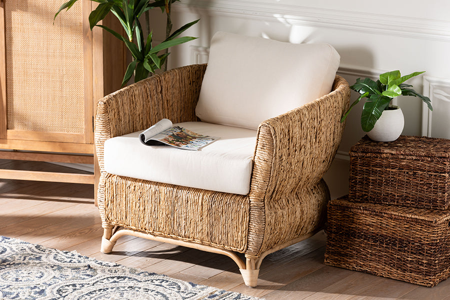 bali & pari Roma Rattan and Seagrass Armchair with Cushions - Handwoven Lounge Chair with Wide Armrests and Sculptural Base, Boho Coastal Living Room Furniture