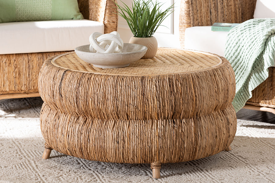 bali & pari Roma Rattan and Seagrass Coffee Table - Low Profile Boho Accent Table with Textured Design and Natural Finish, Handcrafted Rattan Centerpiece for Living Room or Lounge
