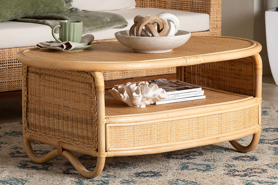 bali & pari Dyna Natural Rattan Coffee Table with Open Shelf - Handwoven Wicker Accent Table with Oval Tabletop and Braided Weavings, Coastal Boho Living Room Centerpiece