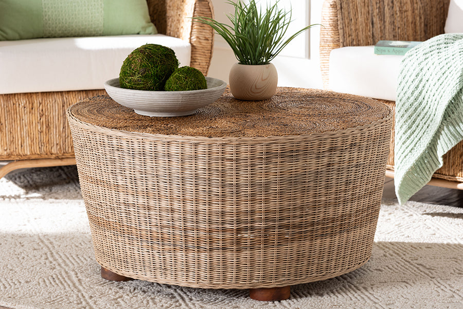 bali & pari Hosanna Natural Rattan Coffee Table - Handwoven Wicker Accent Table with Textured Spiral Top for Living Room or Lounge