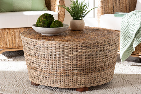 bali & pari Hosanna Natural Rattan Coffee Table - Handwoven Wicker Accent Table with Textured Spiral Top for Living Room or Lounge