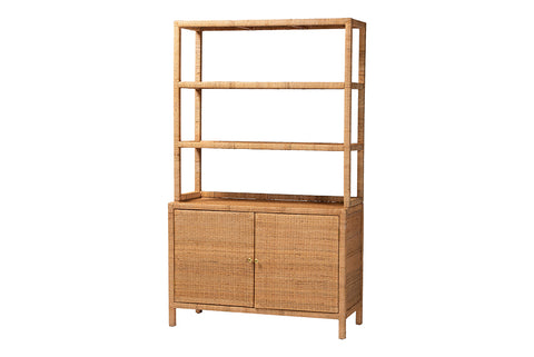 bali & pari Mortis Natural Rattan Display Shelf with 2-Door Storage Cabinet – Coastal Boho Wicker Bookcase or Hutch for Living or Dining Room