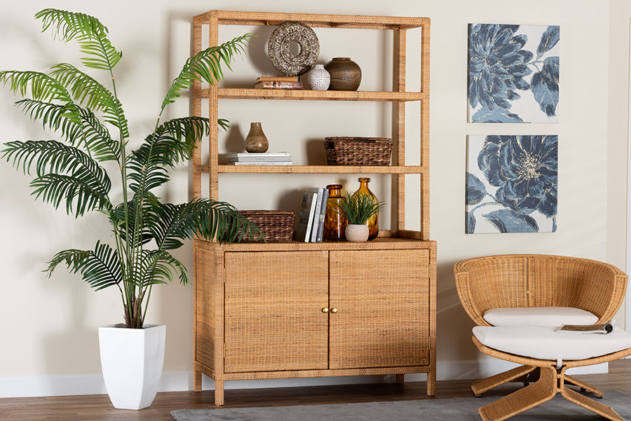 bali & pari Mortis Natural Rattan Display Shelf with 2-Door Storage Cabinet – Coastal Boho Wicker Bookcase or Hutch for Living or Dining Room