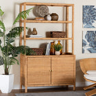 bali & pari Mortis Natural Rattan Display Shelf with 2-Door Storage Cabinet – Coastal Boho Wicker Bookcase or Hutch for Living or Dining Room