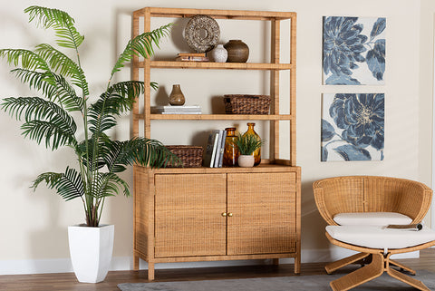 bali & pari Mortis Natural Rattan Display Shelf with 2-Door Storage Cabinet – Coastal Boho Wicker Bookcase or Hutch for Living or Dining Room