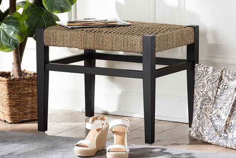 bali & pari Amber Seagrass Accent Bench - Handwoven Natural Fiber Stool with Black Wood Frame, Compact Coastal Boho Seating for Living Room or Entryway